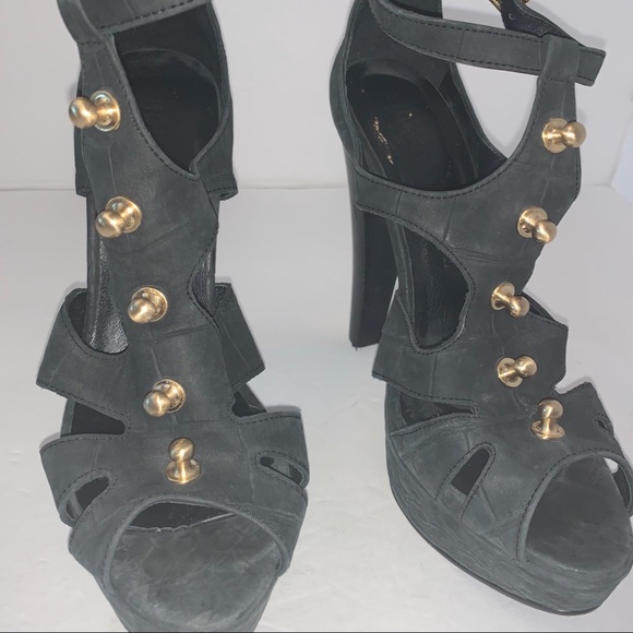 Thomas Wylde Black Leather Gold Stud Heels Sz 8 - Picture 5 of 15